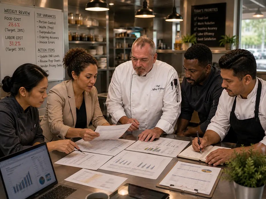 Team members auditing restaurant with Chef Jeff O'Neil