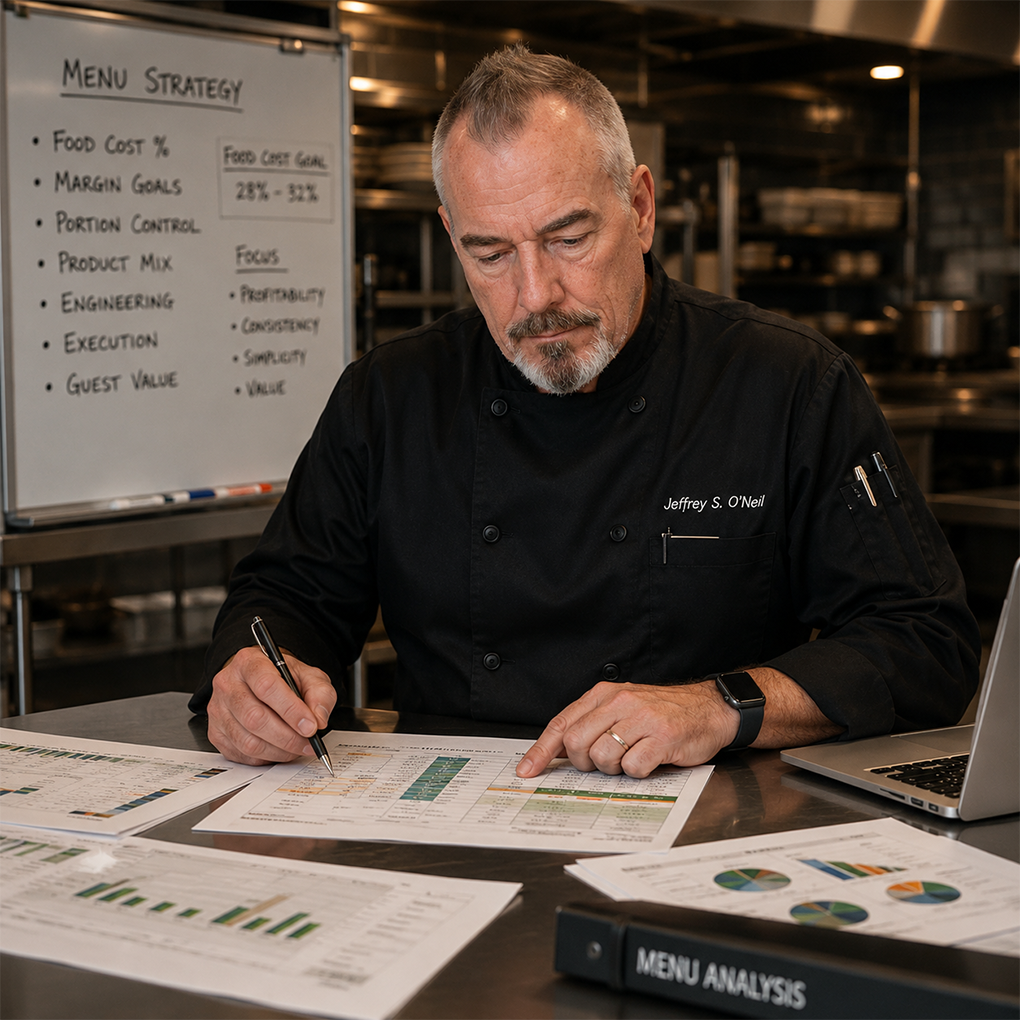 Chef Jeffrey O'Neil evaluates a menu for profitability.